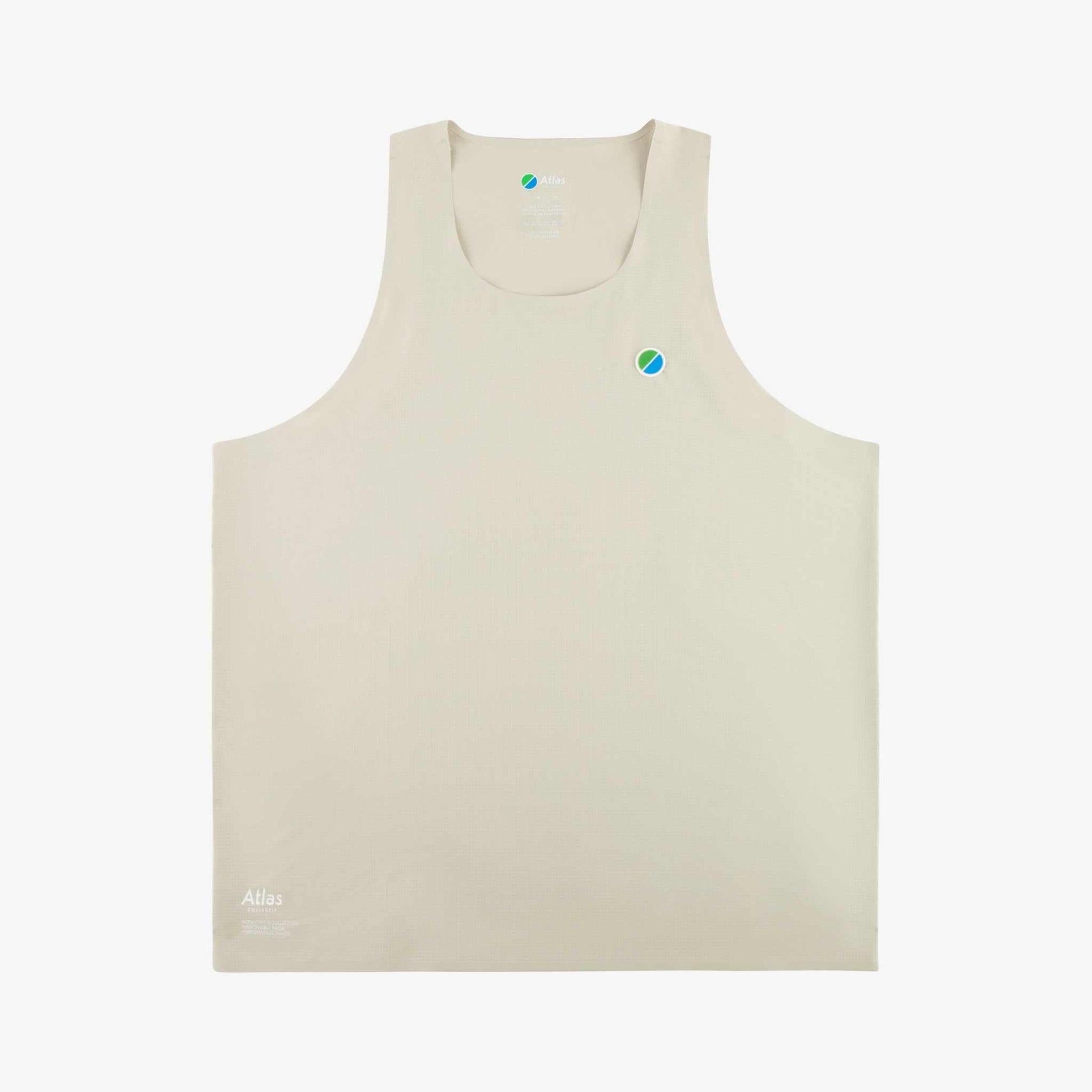 Beige Aeria Fortis Race Tank with recycled ripstop and silicone chest patch for breathable comfort.
