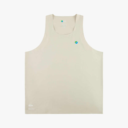 Beige Aeria Fortis Race Tank with recycled ripstop and silicone chest patch for breathable comfort.