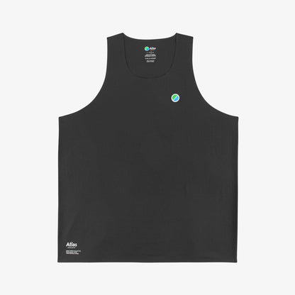 Black Aeria Fortis Race Tank with silicone chest patch, ideal for breathable, high-performance running.