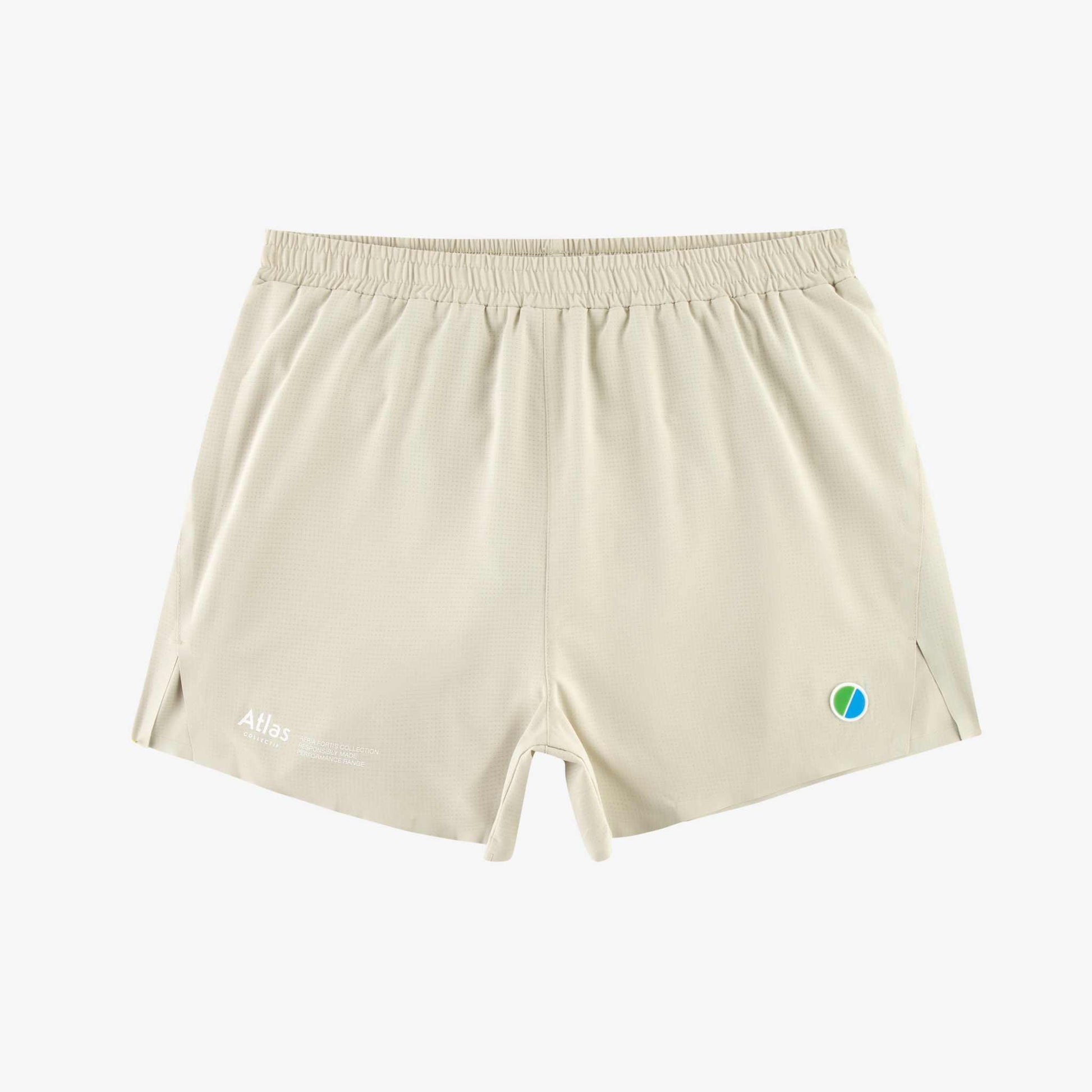 Beige Aeria Fortis 4" Race Shorts with seamless construction and zipped back pocket.