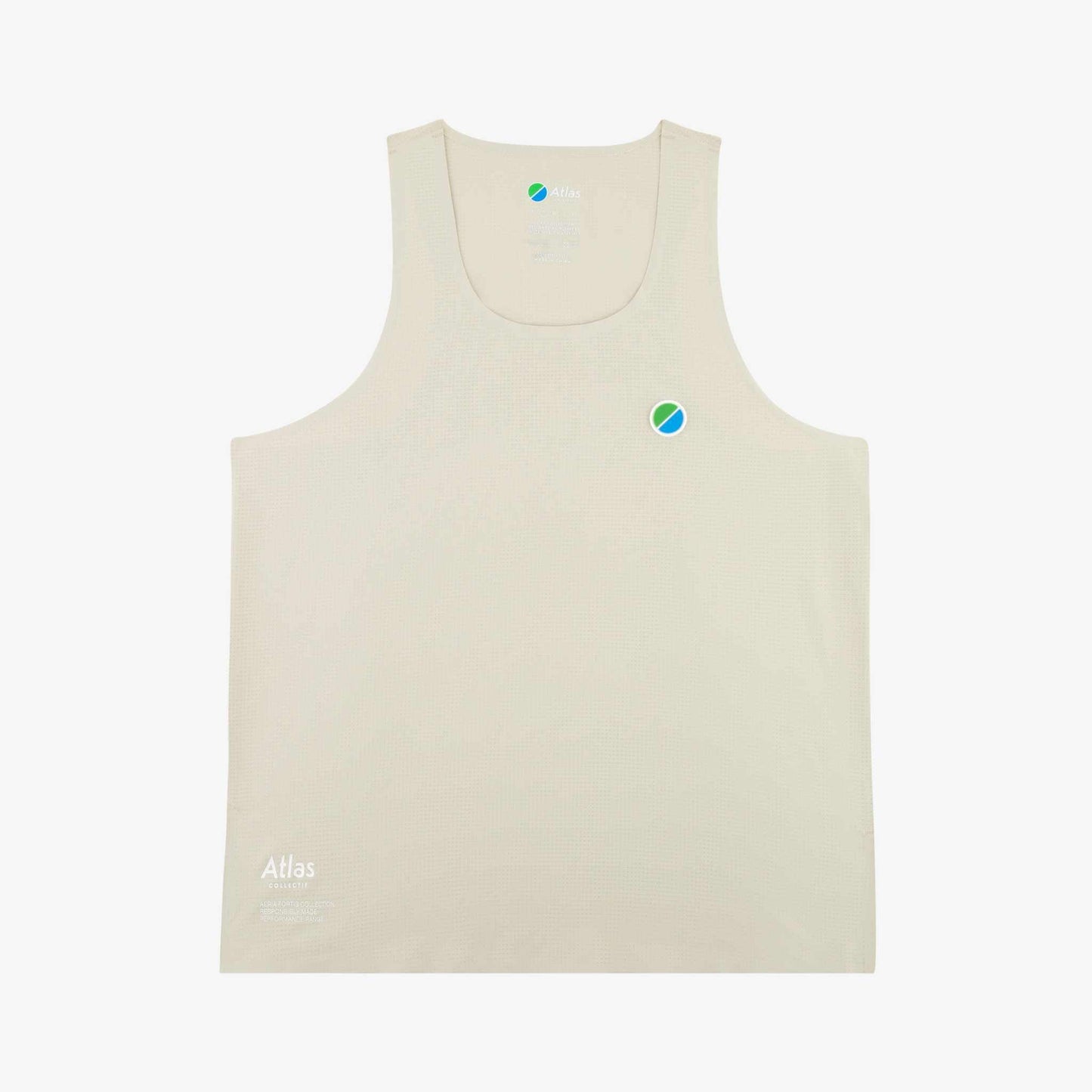 Aeria Fortis WMNS Race Tank in beige, featuring lightweight recycled ripstop, micro-mesh texture, and silicone chest patch.