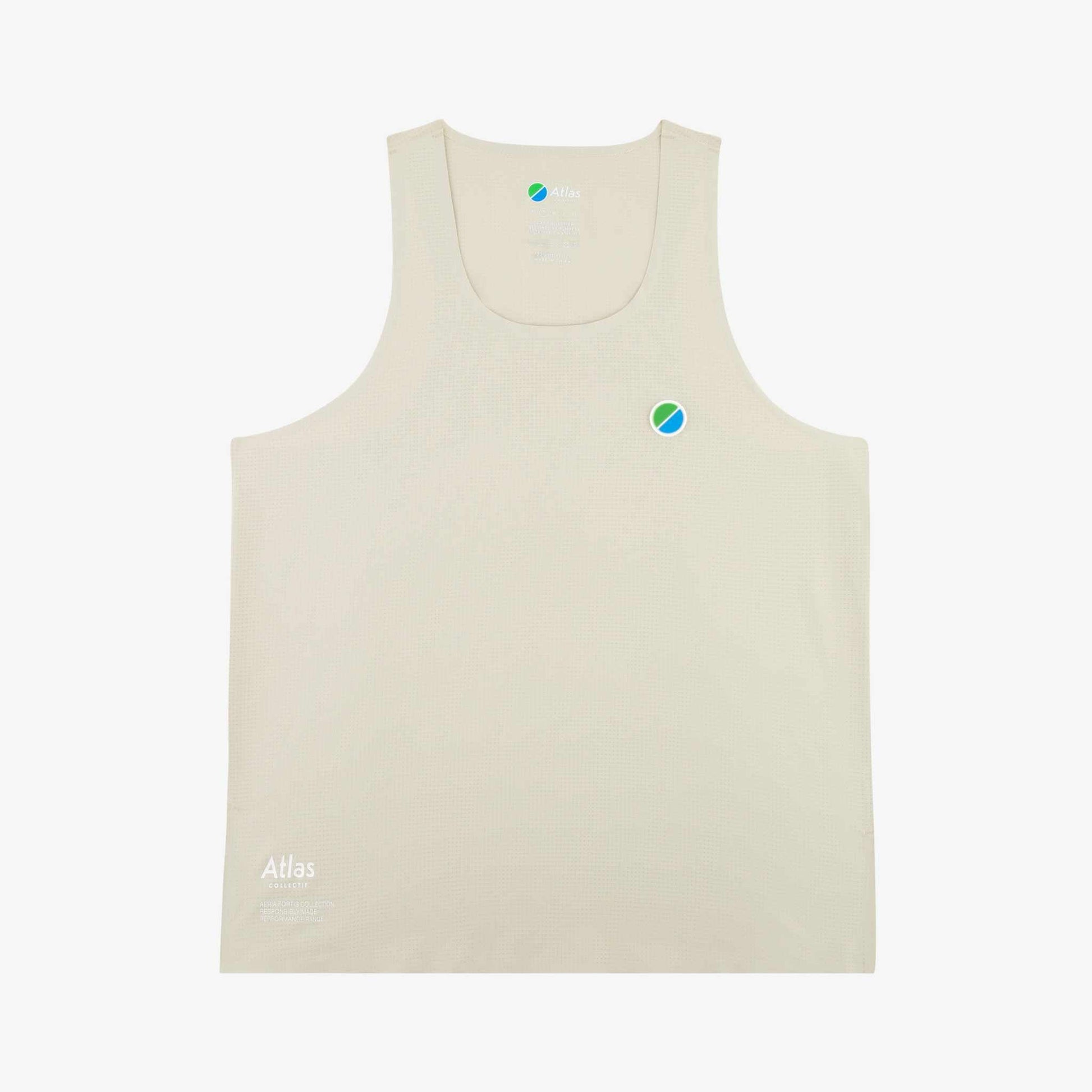 Aeria Fortis WMNS Race Tank in beige, featuring lightweight recycled ripstop, micro-mesh texture, and silicone chest patch.