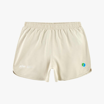 Beige Aeria Fortis Race 4" shorts for women, lightweight and quick-drying with zippered pocket.