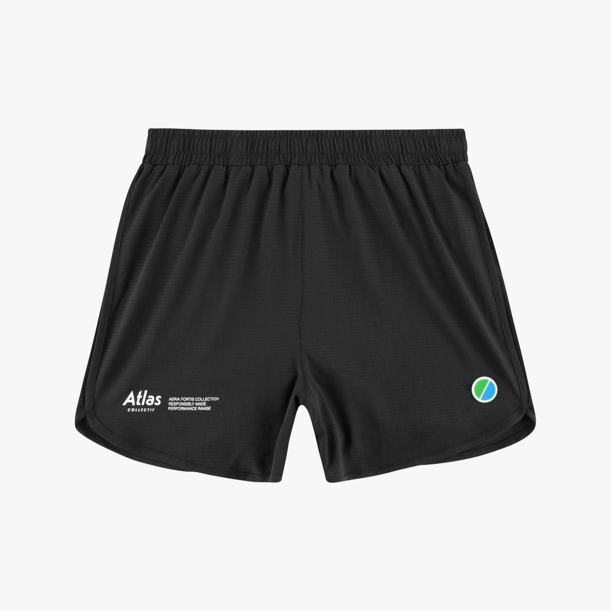 Aeria Fortis Race Shorts in black featuring breathable micro-mesh, quick-dry fabric, and a zippered back pocket.
