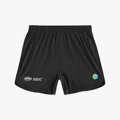 Aeria Fortis Race Shorts in black featuring breathable micro-mesh, quick-dry fabric, and a zippered back pocket.