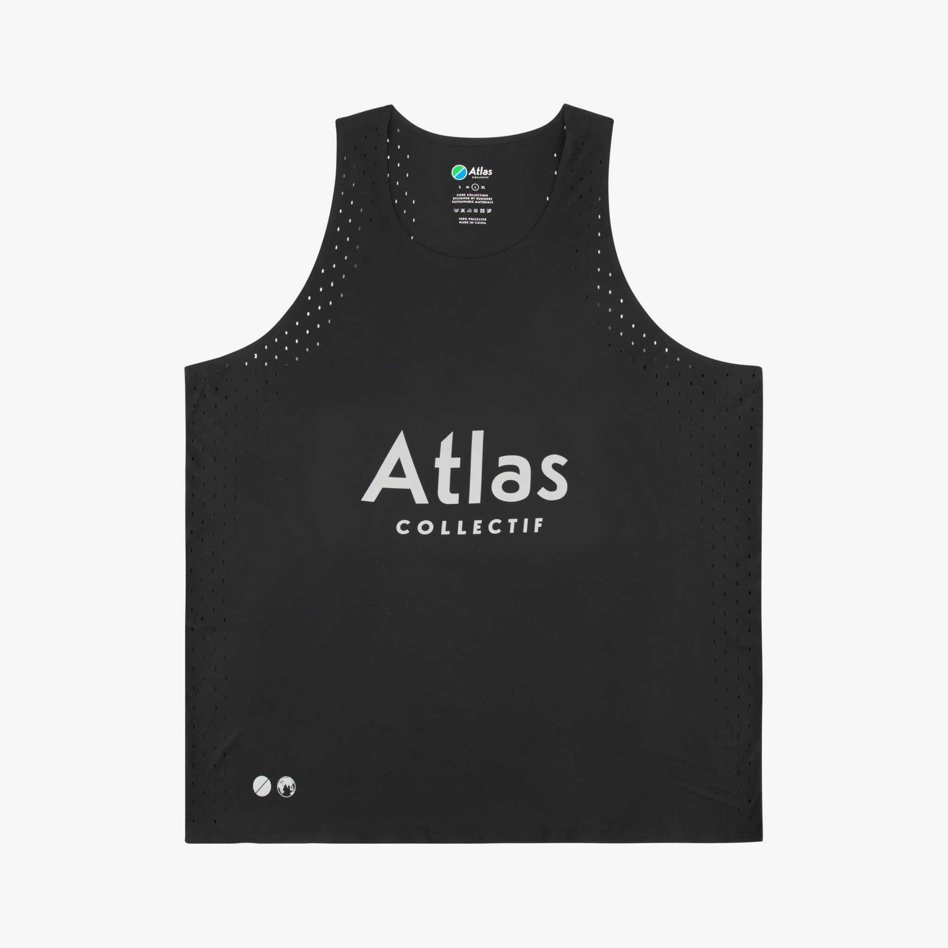 Illumi Trax Running Tank Black with reflective details, lightweight recycled polyester, laser-cut design for breathability.