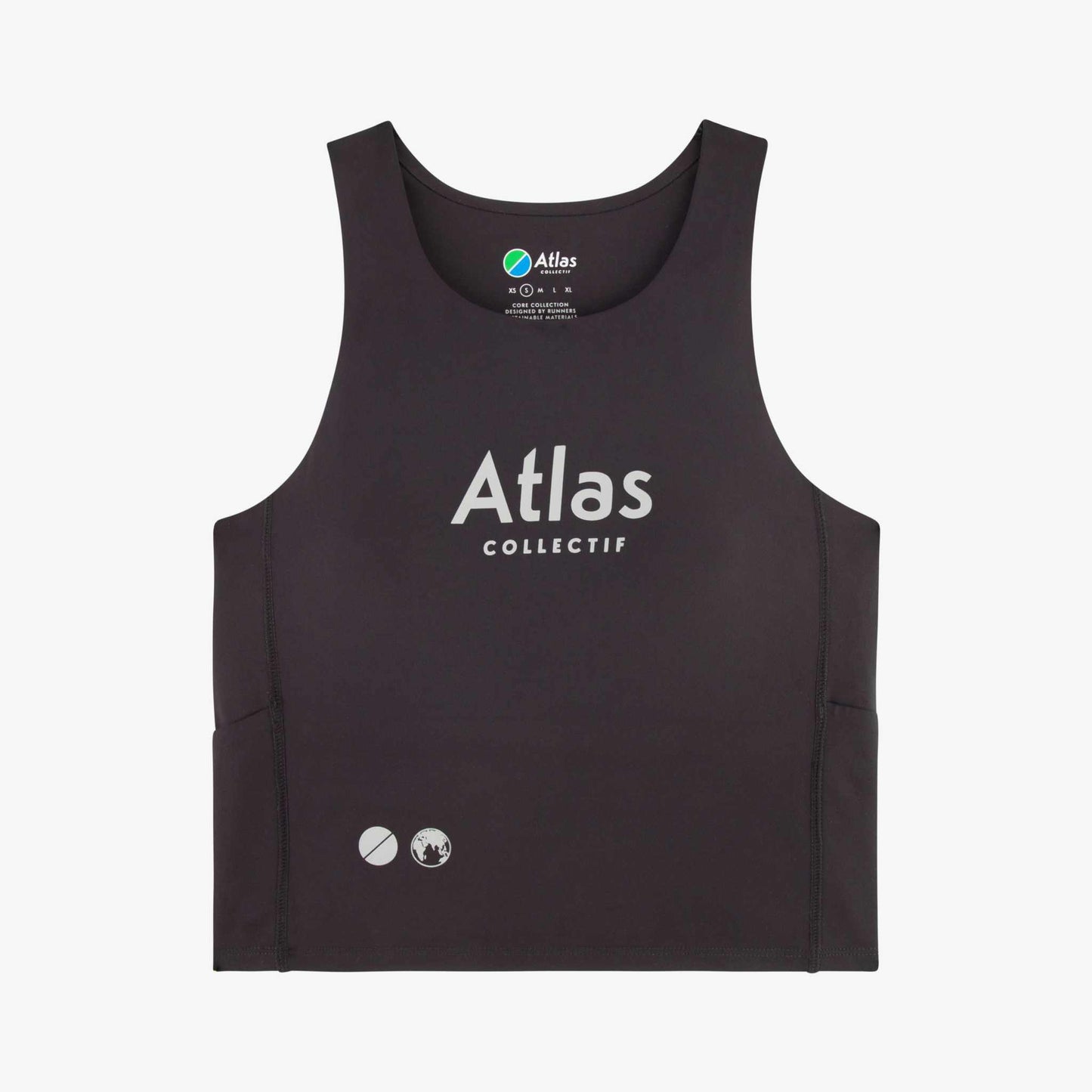 Black women's running crop tank with reflective logo, rear phone compartments, and side pockets; made from recycled materials for visibility and versatility.