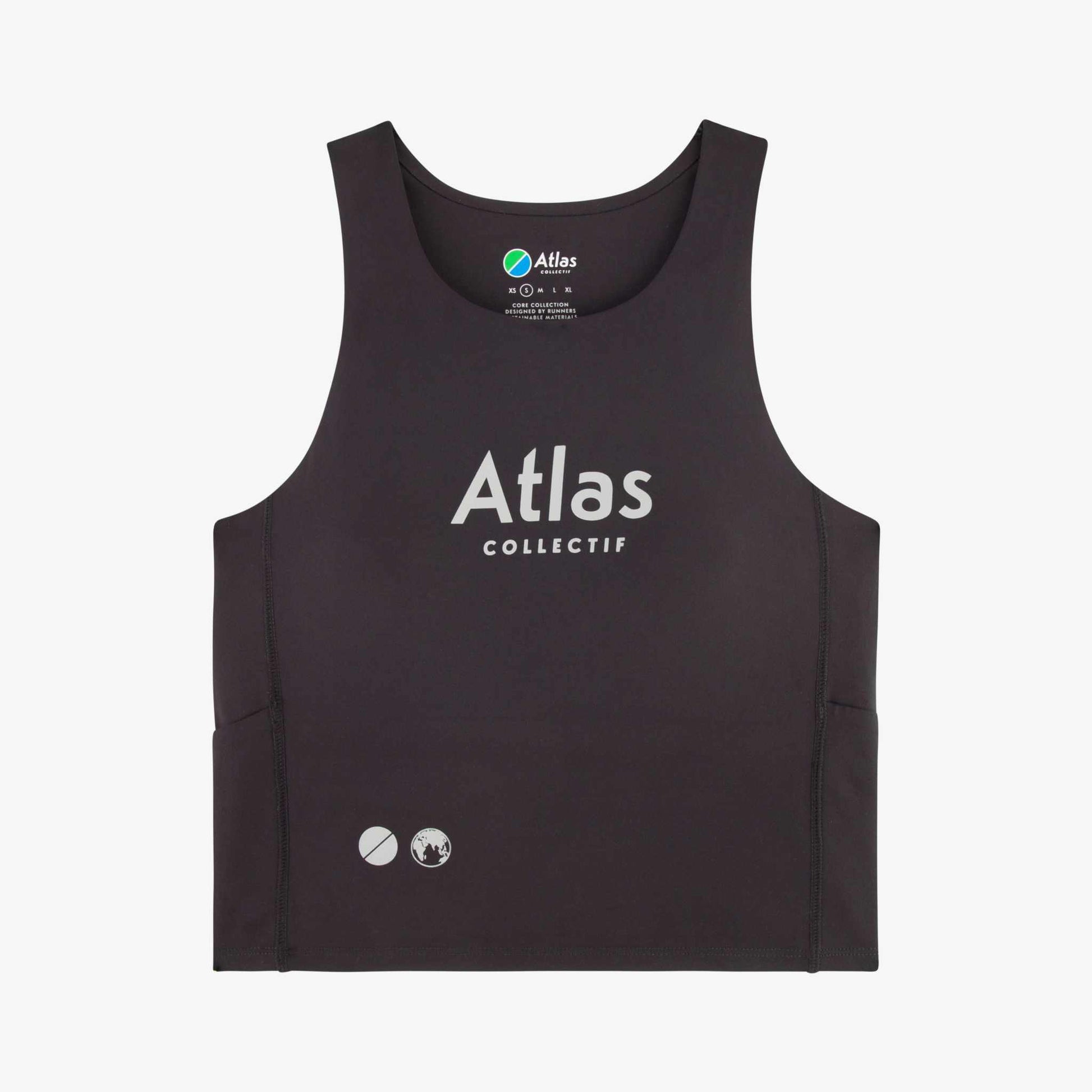 Black women's running crop tank with reflective logo, rear phone compartments, and side pockets; made from recycled materials for visibility and versatility.