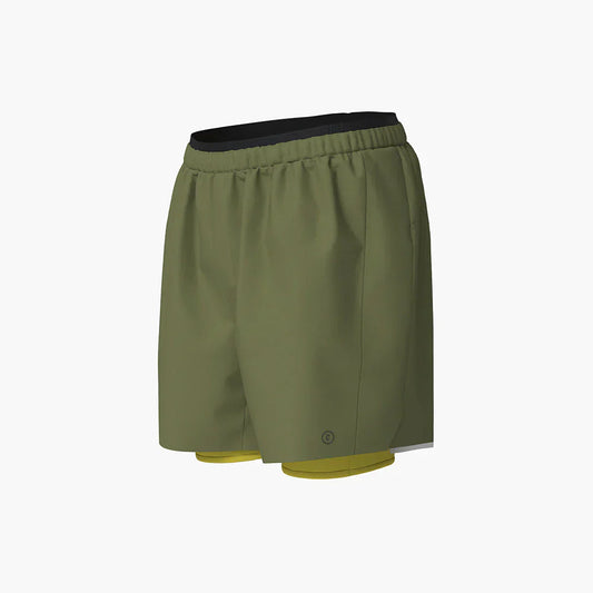 Green DLYShort 5" Long run brief with reflective, sun protection, and wicking features, shown with integrated storage pockets.