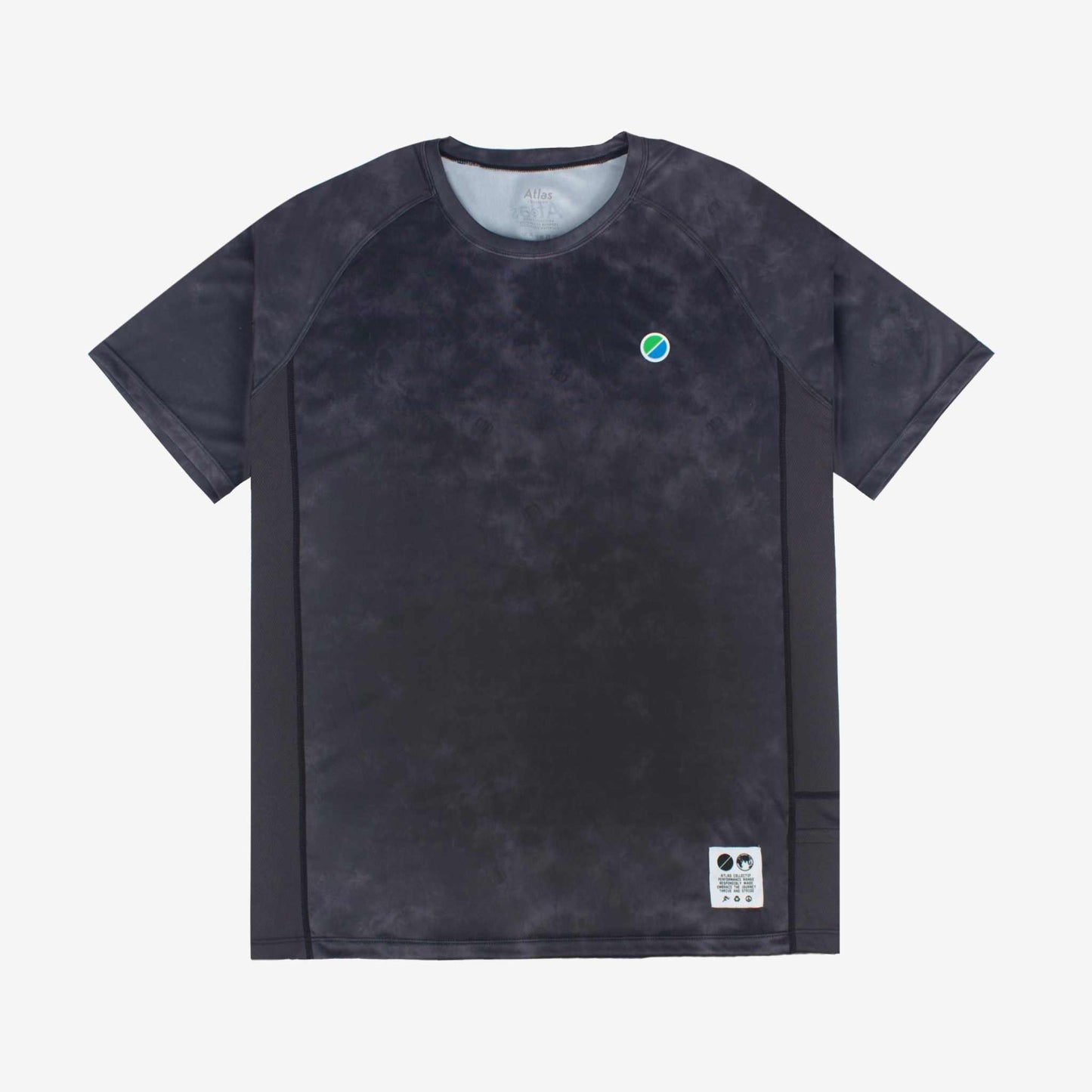 Black tie-dye V3 Core WMNS T-Shirt featuring raglan sleeves, eco-friendly 100% recycled polyester, and reflective details for runners.