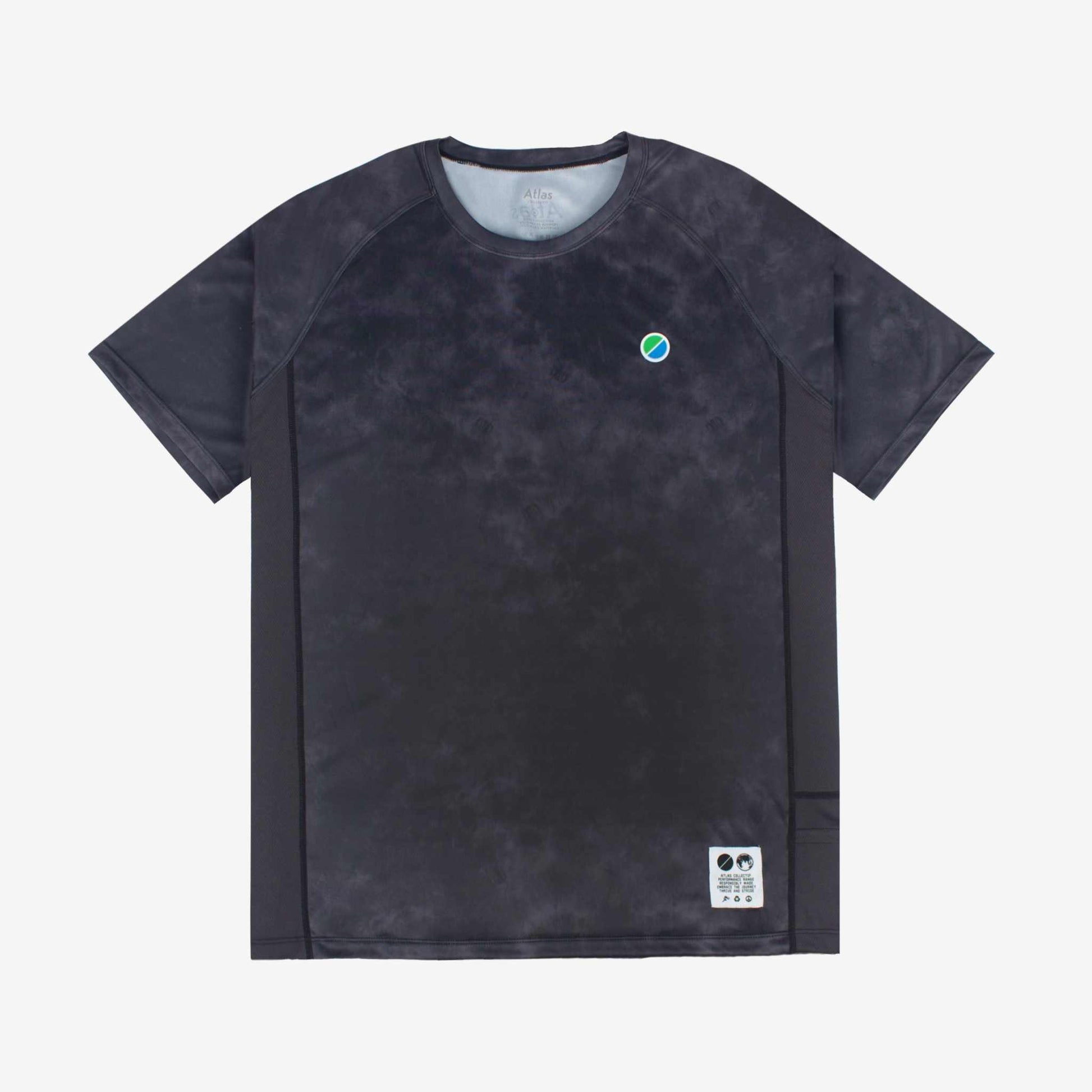 Black tie-dye V3 Core WMNS T-Shirt featuring raglan sleeves, eco-friendly 100% recycled polyester, and reflective details for runners.