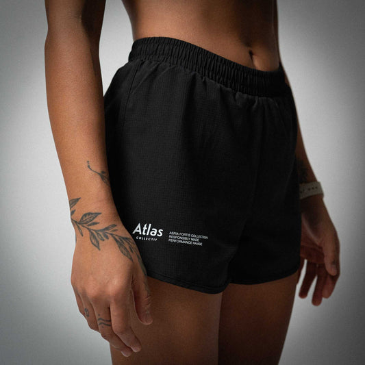 Black Aeria Fortis Race Shorts for women with elastic waistband and zippered back pocket, designed for comfort and breathability.