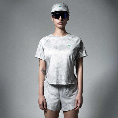 V3 Core WMNS T-Shirt in grey tie-dye, eco-friendly and breathable with raglan sleeves and reflective details.