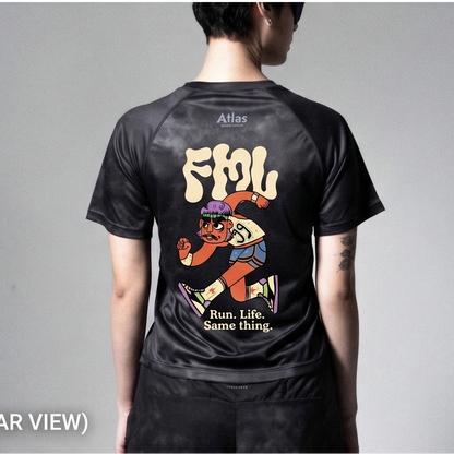 Black singlet and t-shirt with graphic design on the back, shown from the rear view.