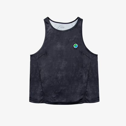 V3 Core WMNS Race Tank Black Tie-Dye, lightweight and eco-friendly running singlet with reflective details.