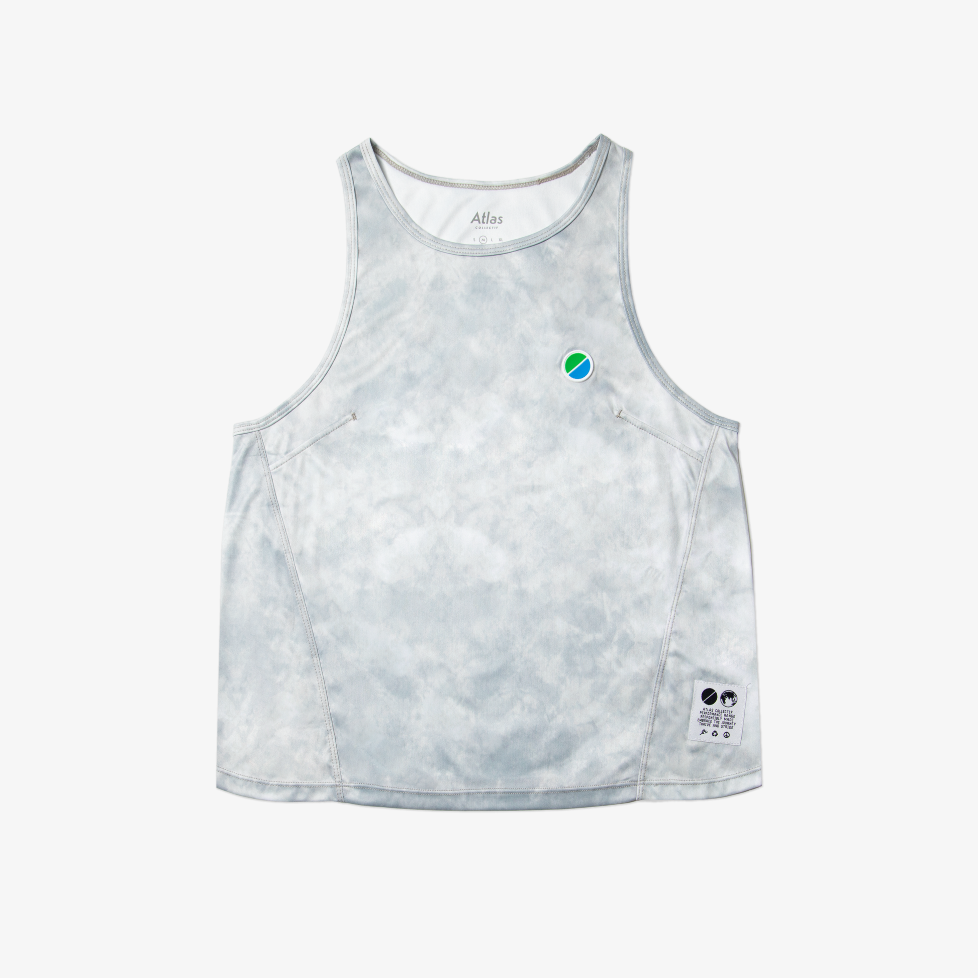 V3 Core WMNS Race Tank in grey tie-dye with eco-friendly recycled polyester, lightweight and reflective details.
