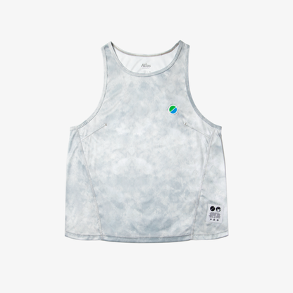 V3 Core WMNS Race Tank in grey tie-dye with eco-friendly recycled polyester, lightweight and reflective details.